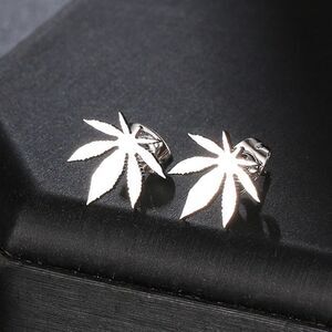 Silver Weed Leaf Stud Earrings, Hypoallergenic Stainless Steel Marijuana Jewelry